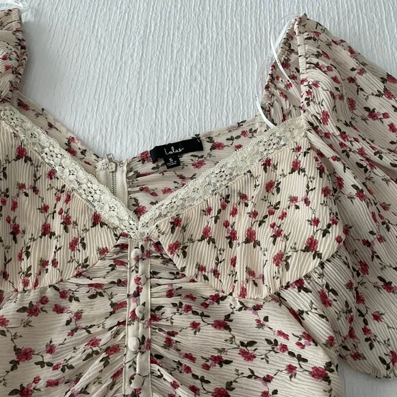 Lulus Beige Pink Floral Print Ruched Drawstring Crop Top - Picture 2 of 3